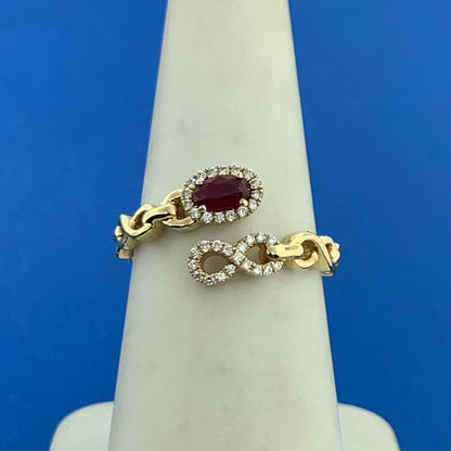 IZI Creations 14K Yellow Gold Oval Ruby Diamond Accented Open Band Bypass Ring