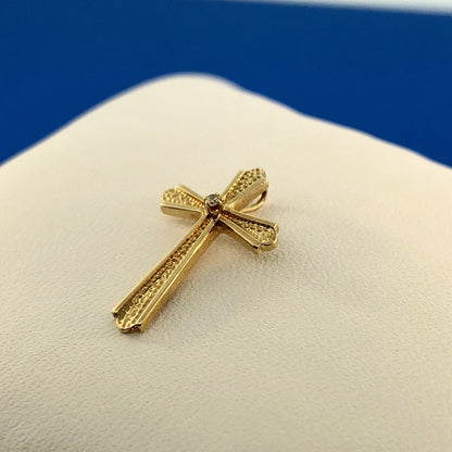 Classic 14K Yellow Gold Diamond Textured Polished Cross Easter Communion Pendant
