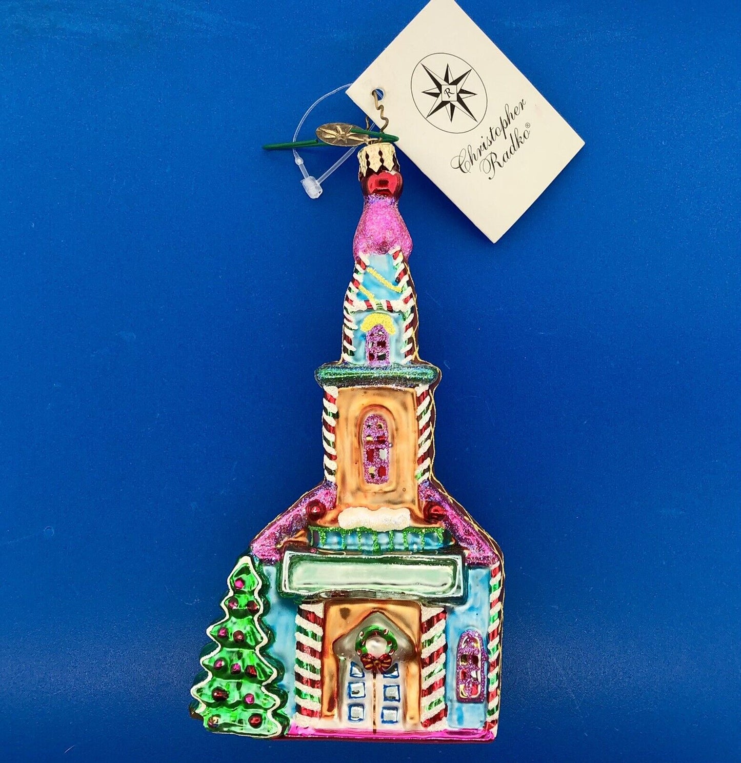 Christopher Radko Handblown Painted Glass Ginger Town Prayers Church Ornament