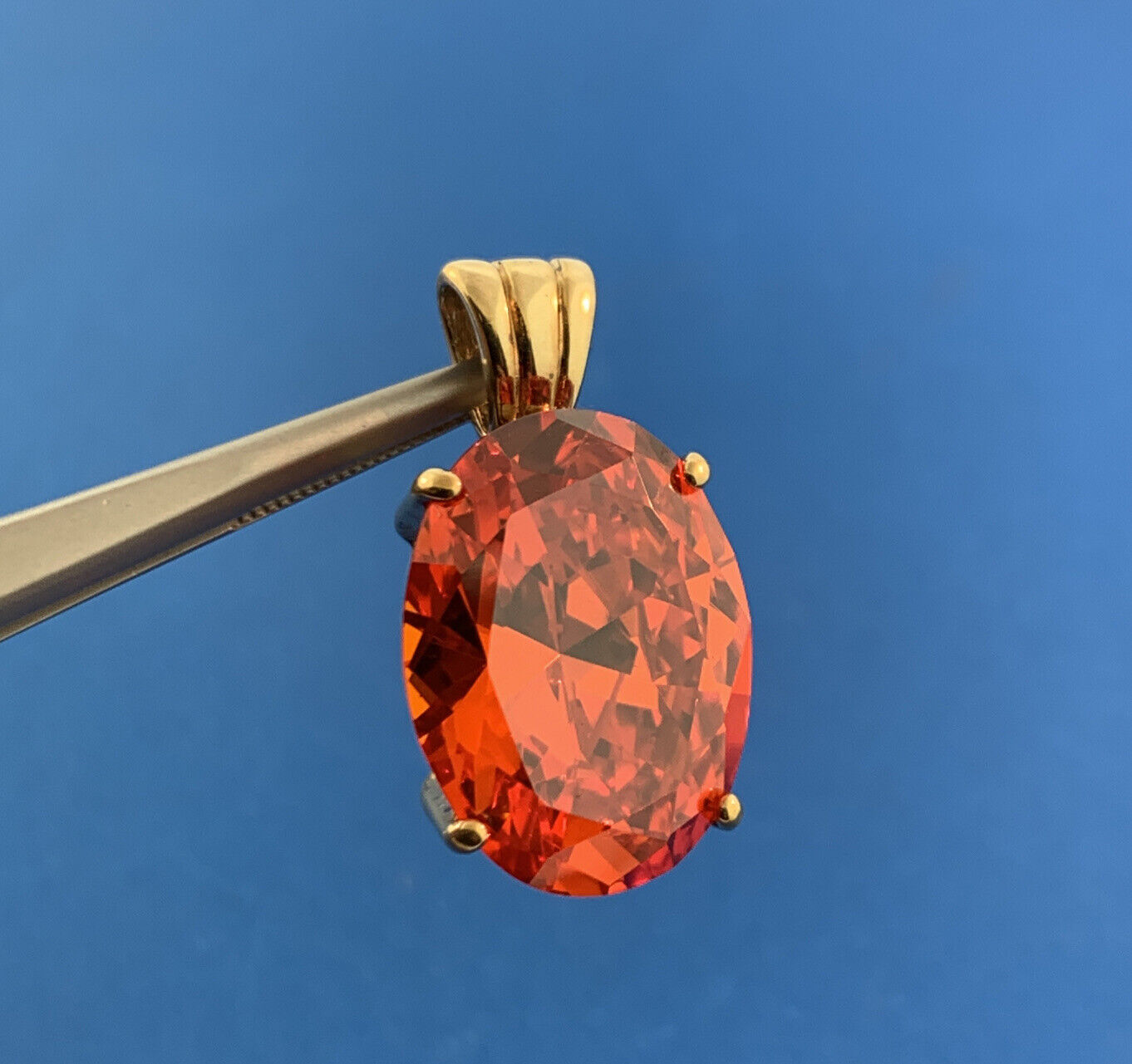 Designer UTC Vermeil Sterling Silver 925 Large Oval Sparkling Orange CZ Pendant