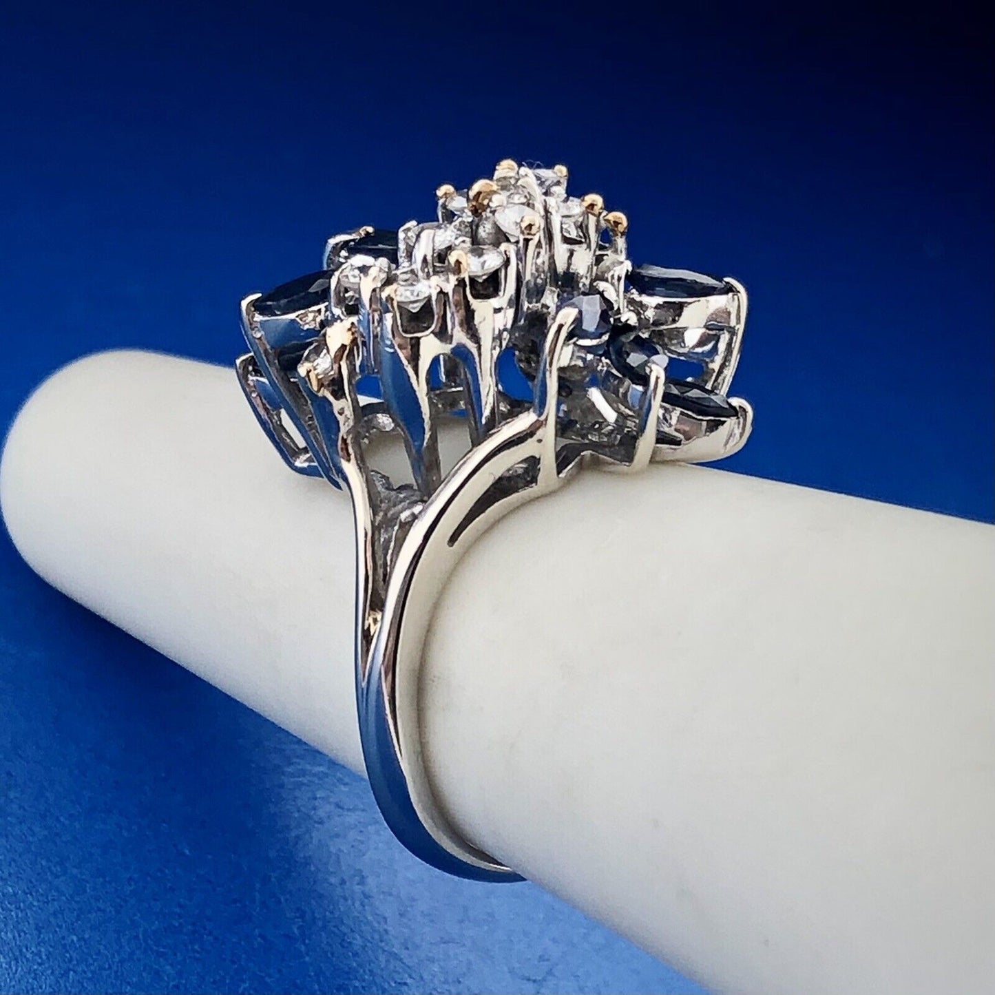 Designer 14K White Gold Sapphire Diamond Starfire Waterfall Anniversary Ring