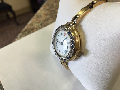 Ladies Vintage Victorian 14K Yellow Gold Diamond Sapphire Watch Adjusting Band