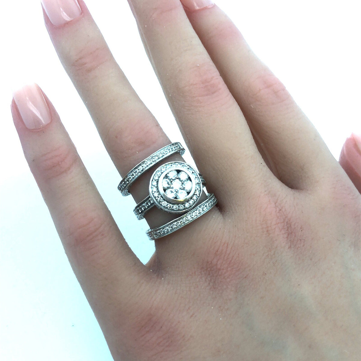 Designer 18K White Gold Diamond Floral Cluster Halo Accent 3 Ring Bridal Set