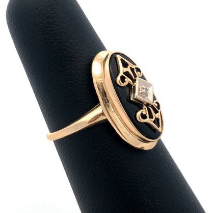 Designer PSCO 10K Yellow Gold Oval Black Onyx Diamond Art Deco Style Ring