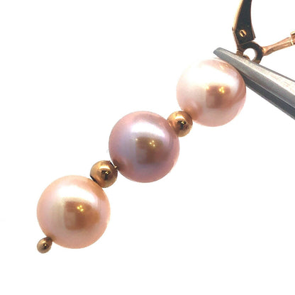 Designer 14K Yellow Gold Round Pink Pearl Beaded Dangle Earrings