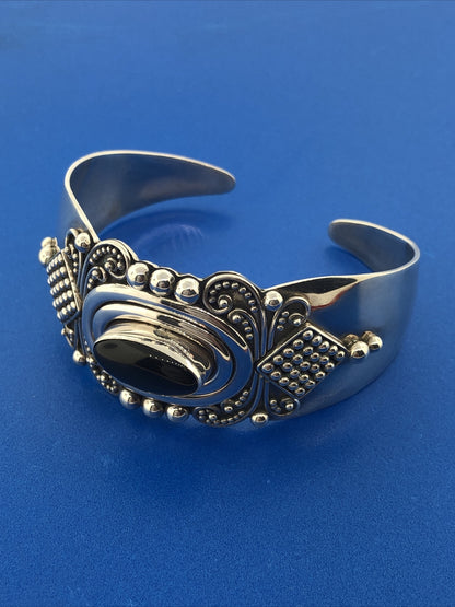 Designer BA Suarti Sterling Silver Black Onyx Balinese Statement Cuff Bracelet