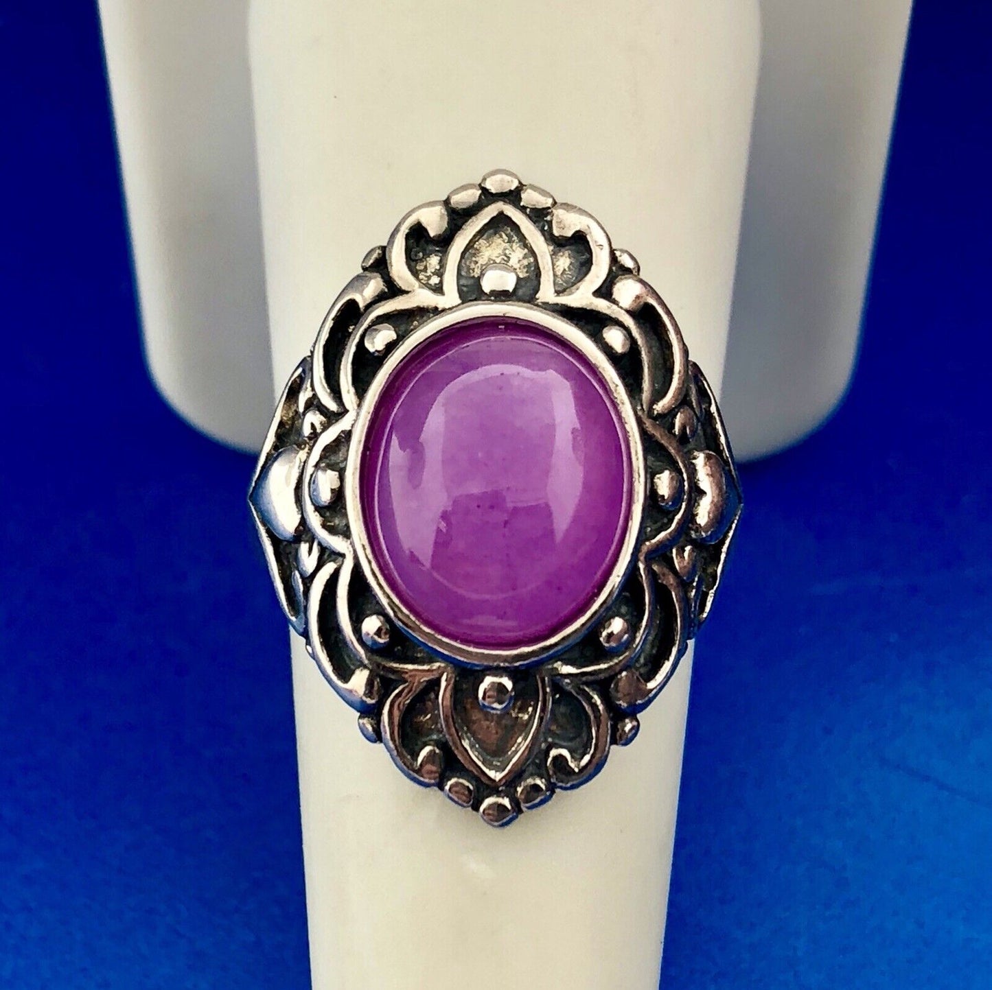 Vintage FAS Sterling Silver 925 Pink Tourmaline Cabochon Scroll Fashion Ring