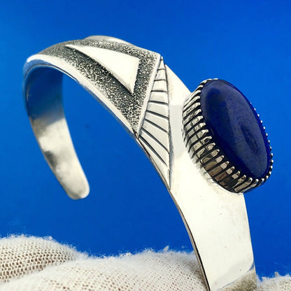 Robert A Lewis Navajo 925 Sterling Silver Lapis Lazuli Modernist Cuff Bracelet