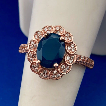 Strawberry Toned 925 Sterling Silver Oval Blue Cubic Zirconia White CZ Halo Ring