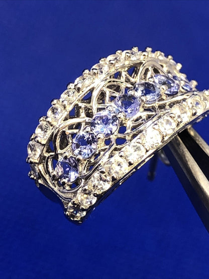 Designer 925 Sterling Silver Tanzanite & White Topaz Shrimp Style Stud Earrings