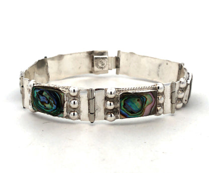Vintage Taxco 925 Sterling Silver Abalone Rectangle Cabochon Panel Bracelet