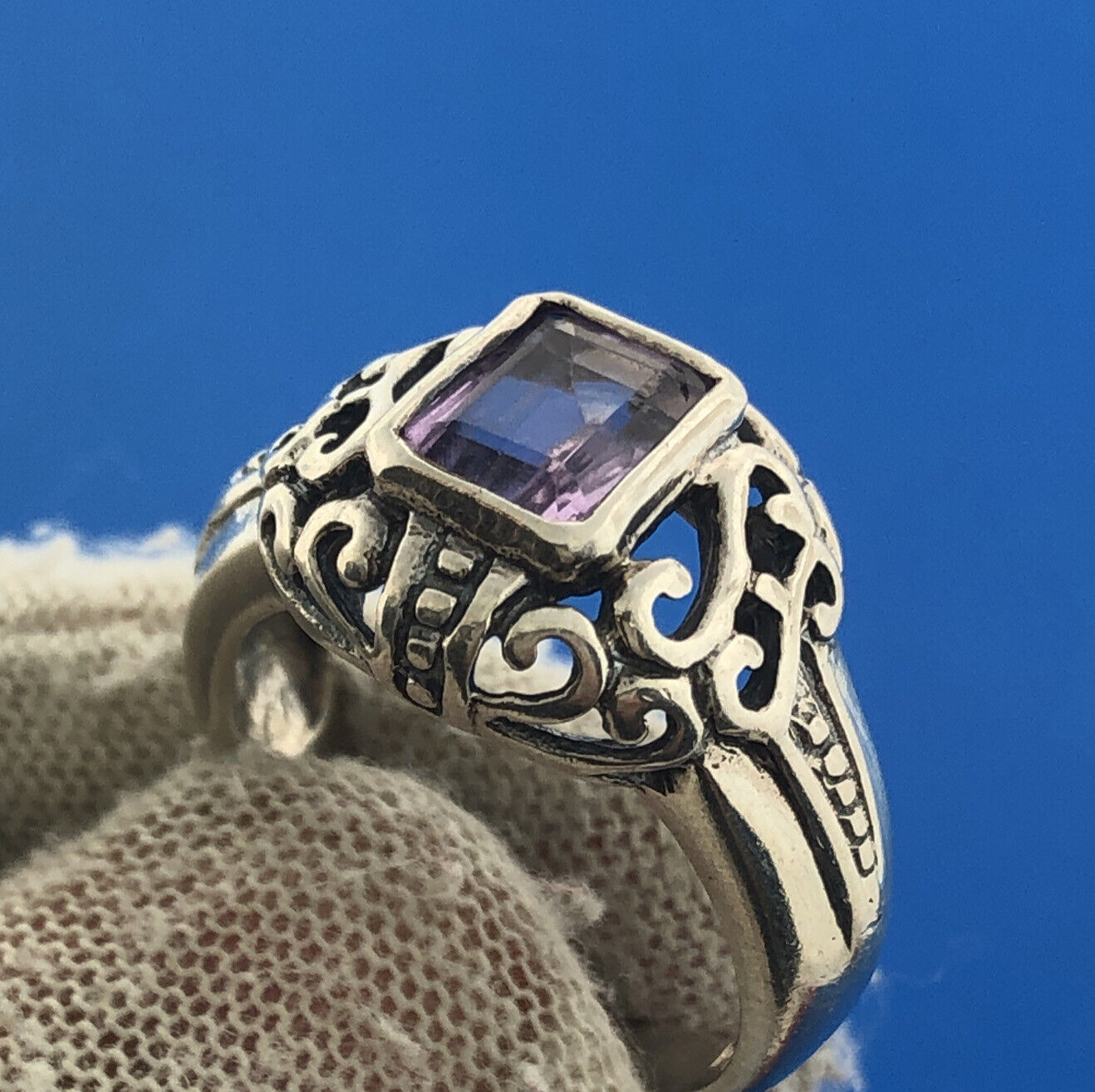 Vintage FAS 925 Sterling Silver Amethyst Open Scroll February Anniversary Ring