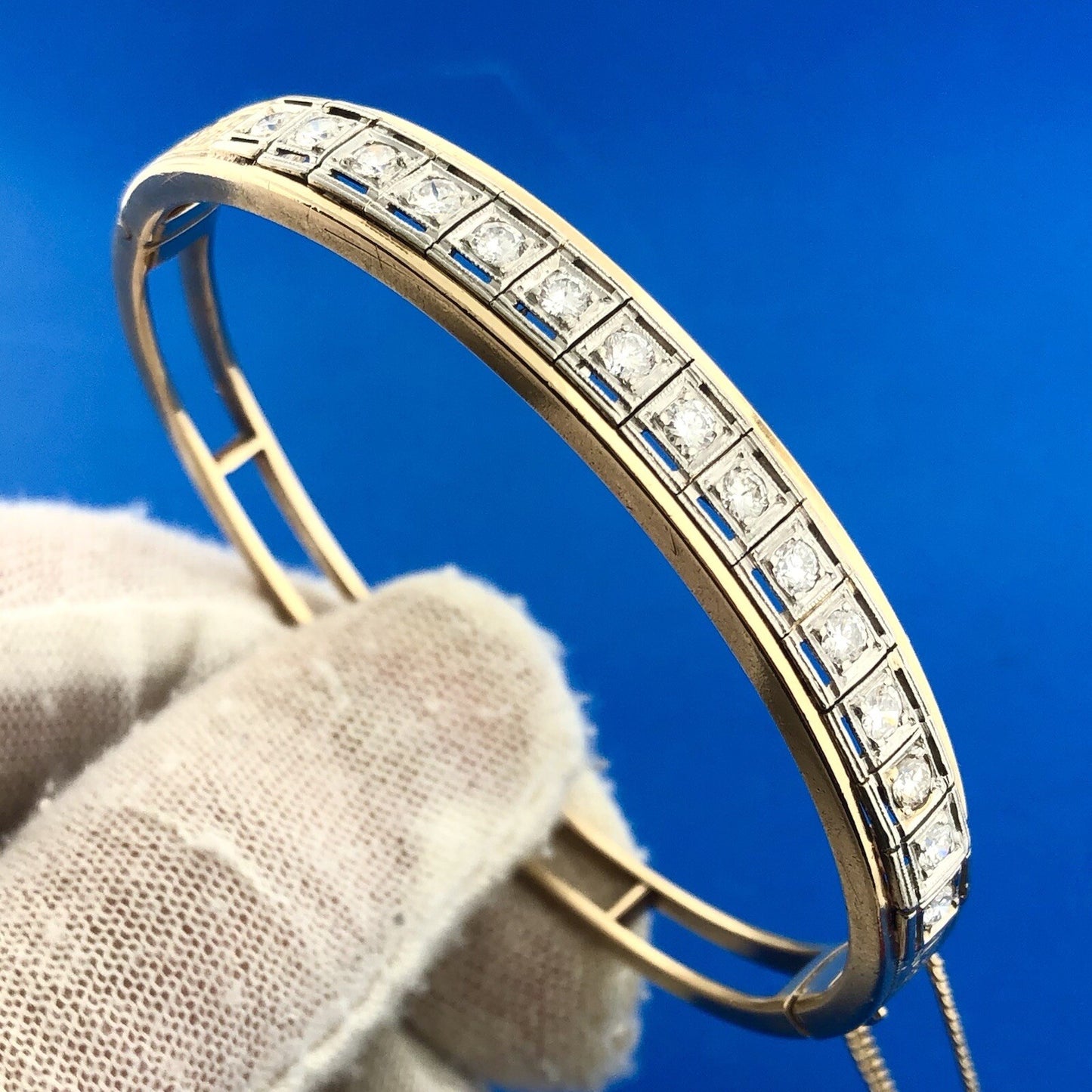 Art Deco Art Nouveaux 14K Yellow White Gold Diamond Ladder Hinged Cuff Bracelet