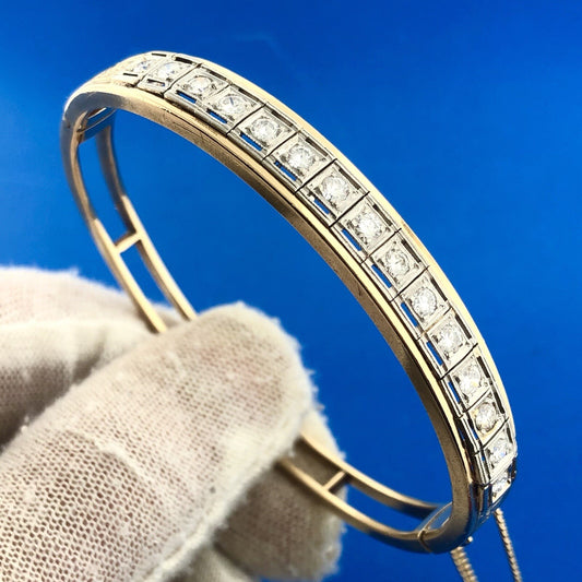 Art Deco Art Nouveaux 14K Yellow White Gold Diamond Ladder Hinged Cuff Bracelet
