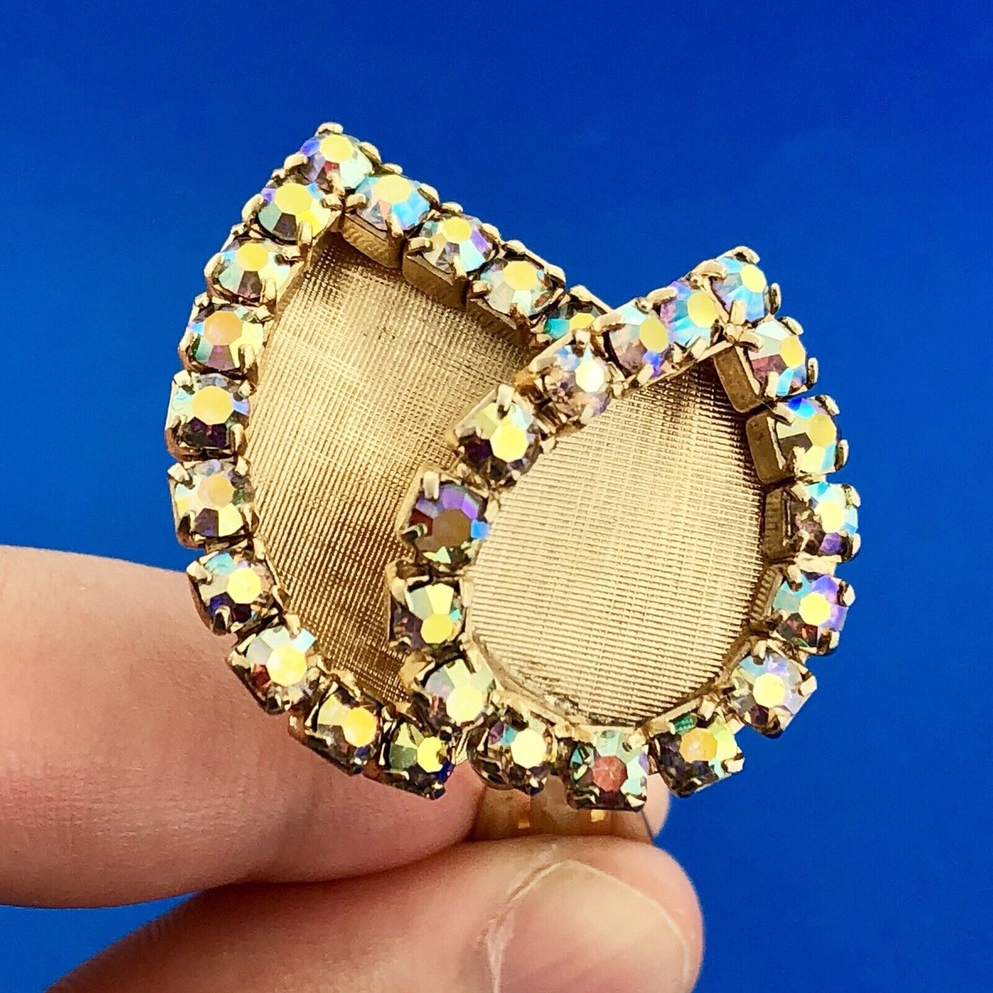 Fantastic Mid Century Gold Tone Florentine Aurora Borealis Rhinestone Earrings