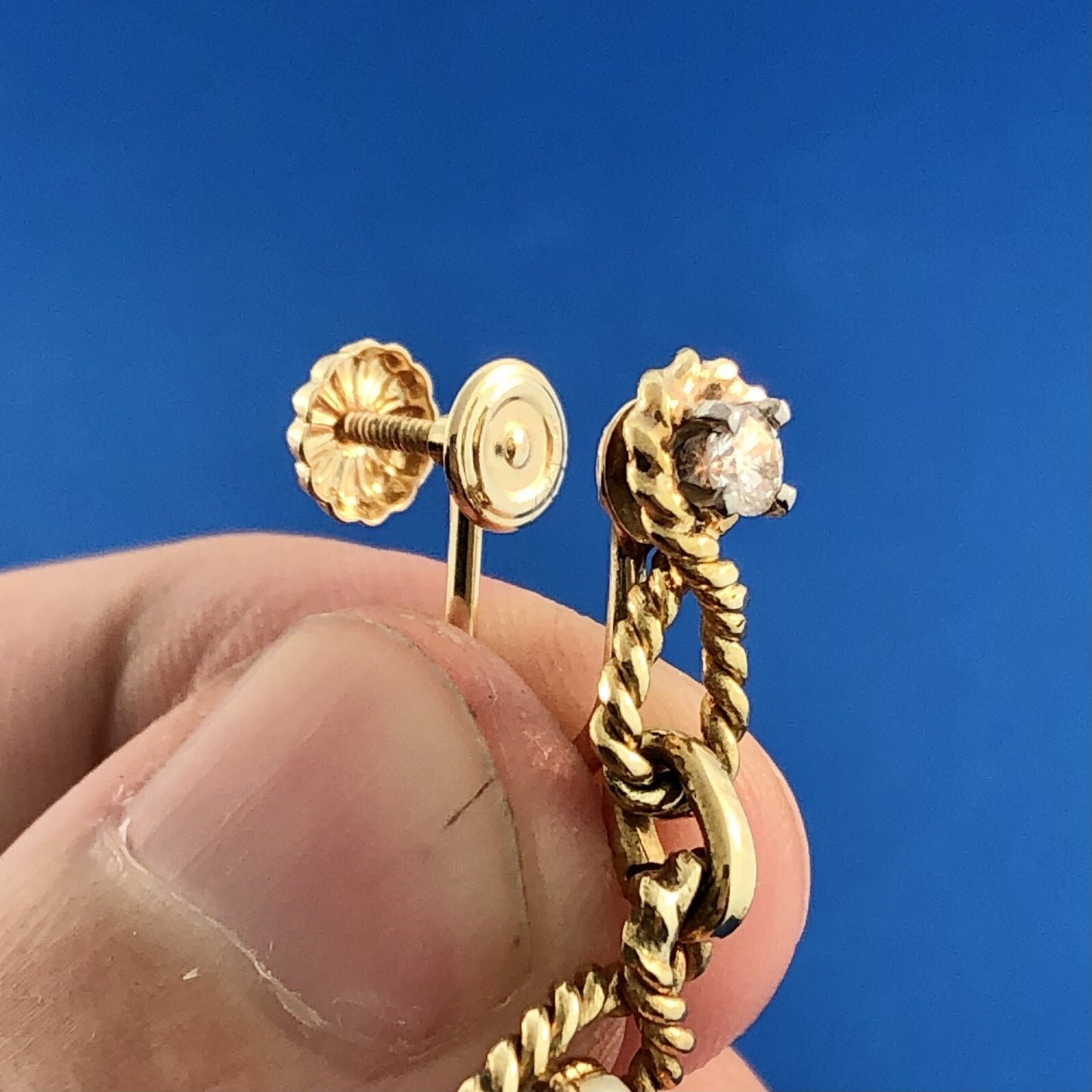 Estate 14K Yellow Gold Trillion Cut Opal Diamond Accent Drop Dangle Earrings