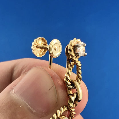 Estate 14K Yellow Gold Trillion Cut Opal Diamond Accent Drop Dangle Earrings