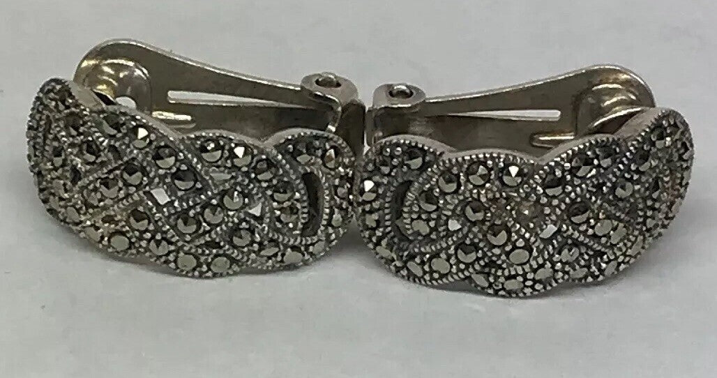 Art Deco 925 Sterling Silver Marcasite Open Work Basket Weave Clip Earrings