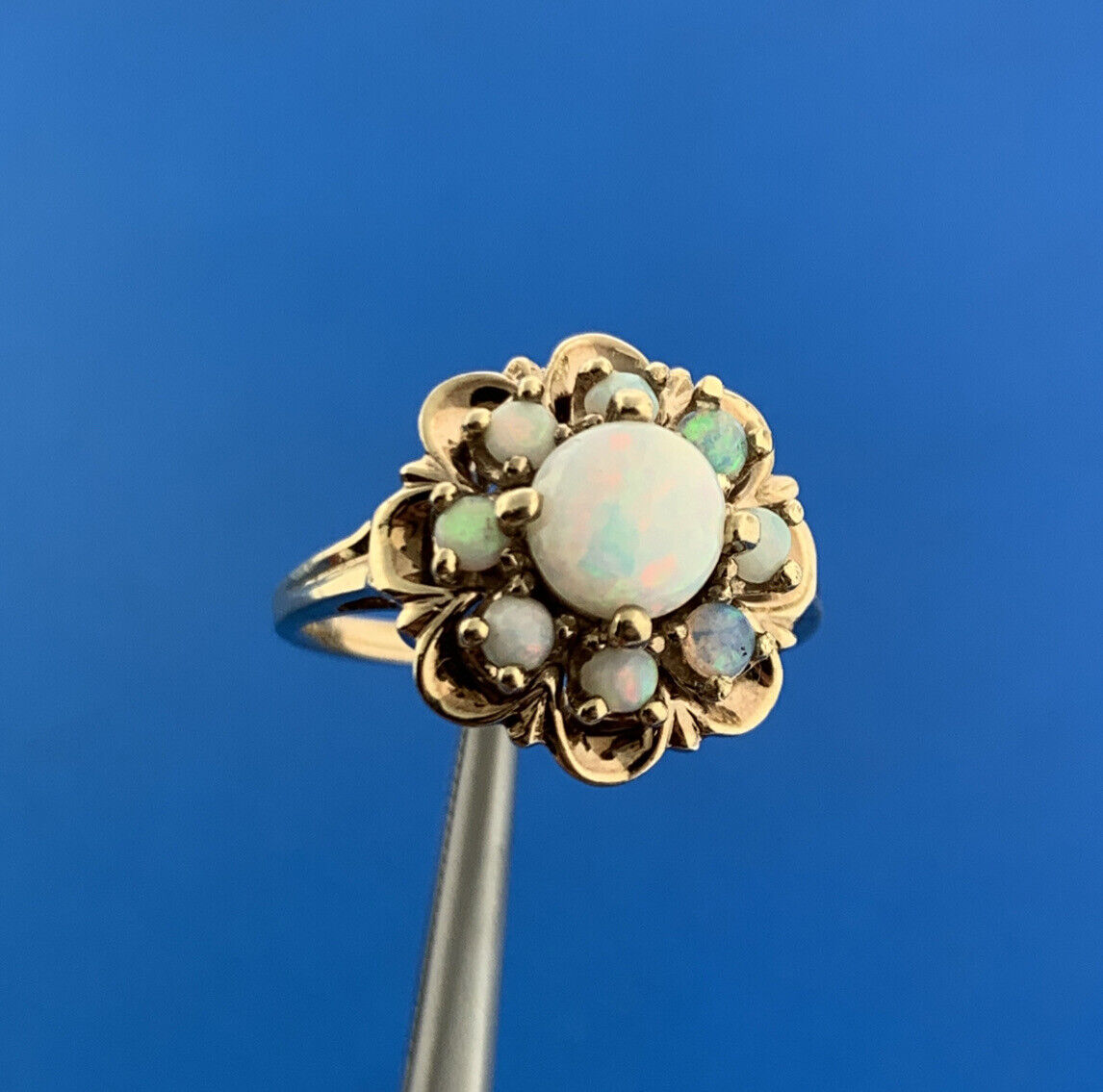 Vintage 10K Yellow Gold Opal Floral Cluster October Anniversary Cocktail Ring