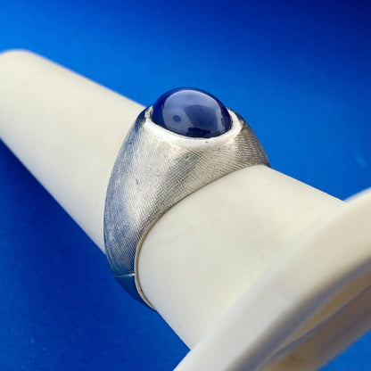 Gorgeous 14k White Gold Oval Cabochon Blue Star Sapphire Dome Size 8.75 Ring