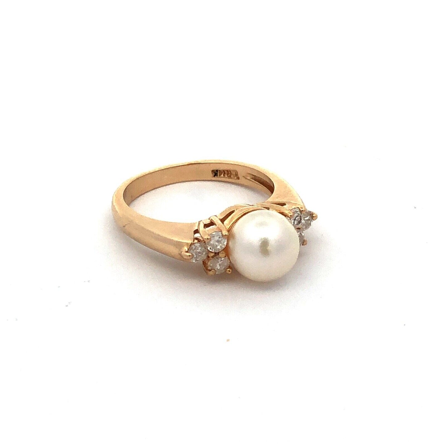 Designer 14K Yellow Gold Pearl Solitaire Round Diamond Accent Cocktail Ring