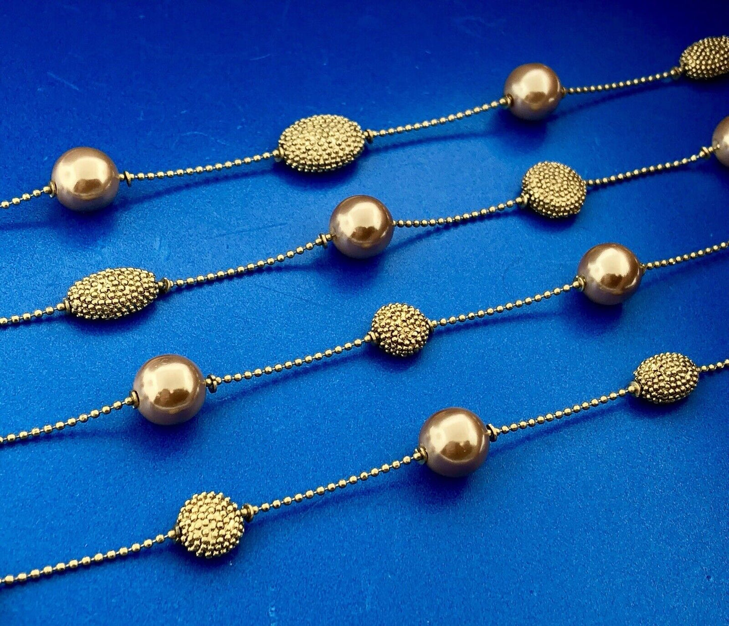 Retro Gold Tone Beaded Egg Oval Faux Bronze Pearl Station Beaded Chain Necklace