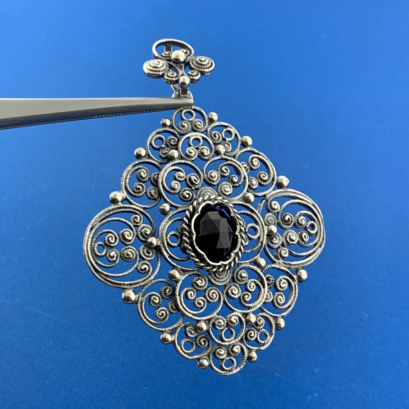 Designer Austria Sterling Silver Garnet Filigree Beaded Scroll Statement Pendant