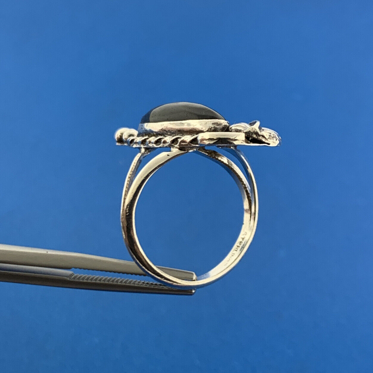 Native American Old Pawn 925 Sterling Silver Black Onyx Squash Blossom Ring