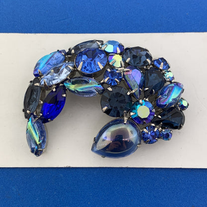 Mid Century Silver Tone Blue Aurora Borealis Rhinestone Brooch & Earrings Set