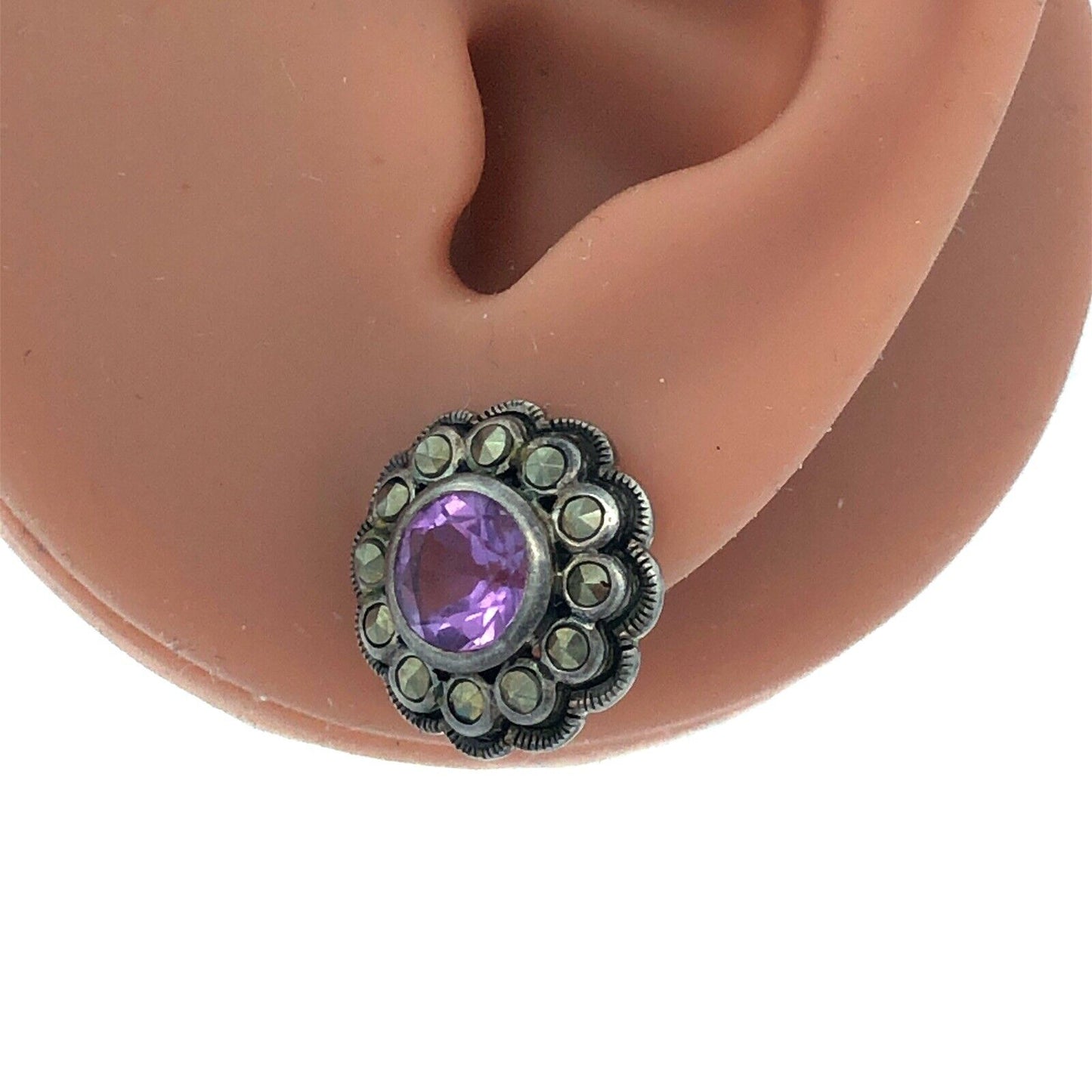 Vintage Designer A 925 Sterling Silver Amethyst Marcasite Flower Stud Earrings