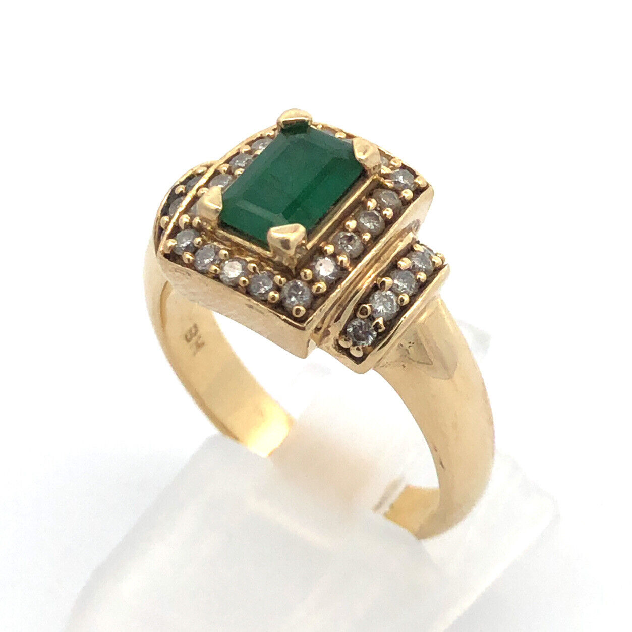 Vintage 14K Yellow Gold Emerald Diamond Halo Statement Cocktail Ring