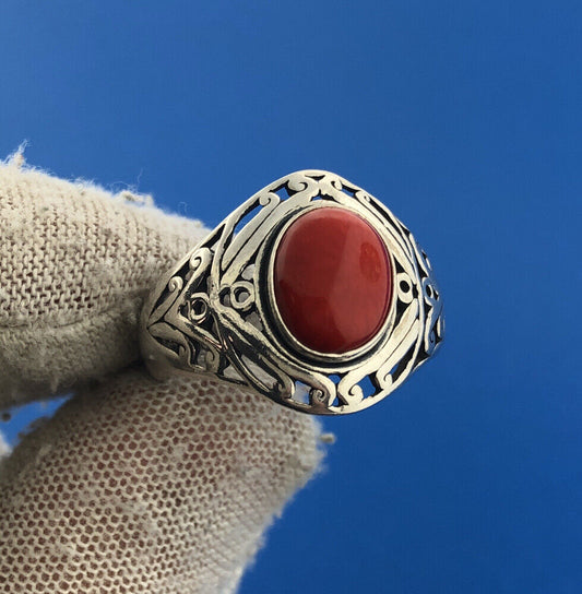 Designer MG Sterling Silver 925 Oval Coral Open Scroll Statement Cocktail Ring