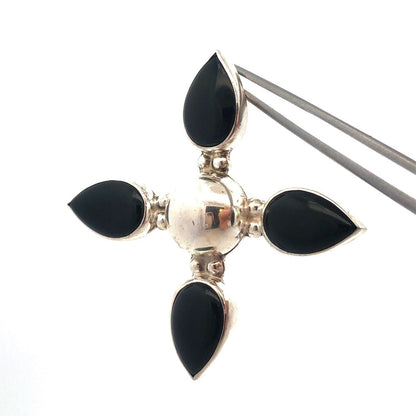 Mid Century Taxco Mexico 926 Sterling Silver Pear Black Onyx Pendant Brooch