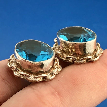Vintage Sterling Silver Ocean Blue Cubic Zirconia Oval Scroll Statement Earrings