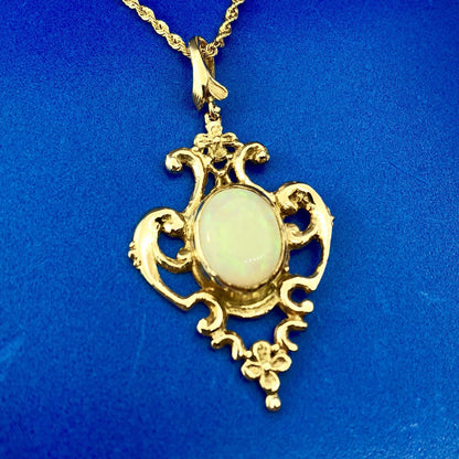 Vintage 14K Yellow Gold Opal Open Scroll Work October Statement Pendant Necklace