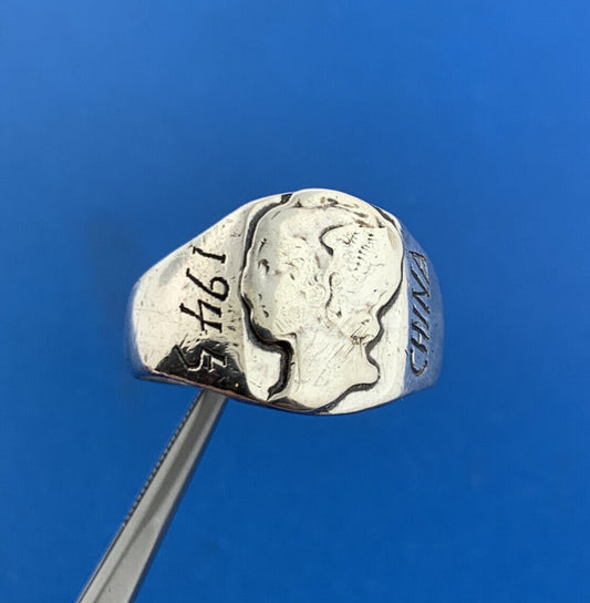Mid Century 1945 China Engraved 925 Sterling Silver Mercury Dime Bust Dome Ring