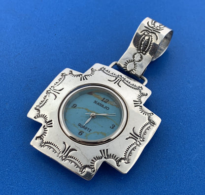 Old Pawn Navajo Uncle Sam W. 925 Sterling Silver Concho Cross Pendant Watch