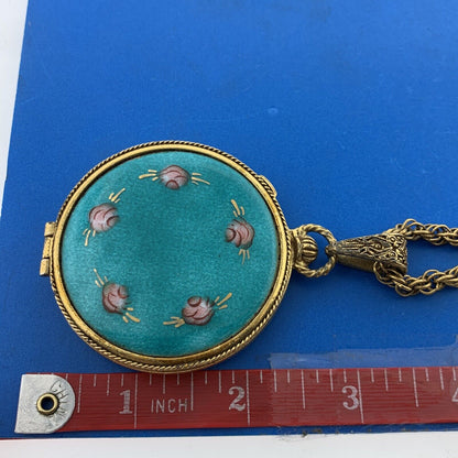 Vintage Gold Tone Guilloche Enamel Roses Ladys Compact Statement Necklace