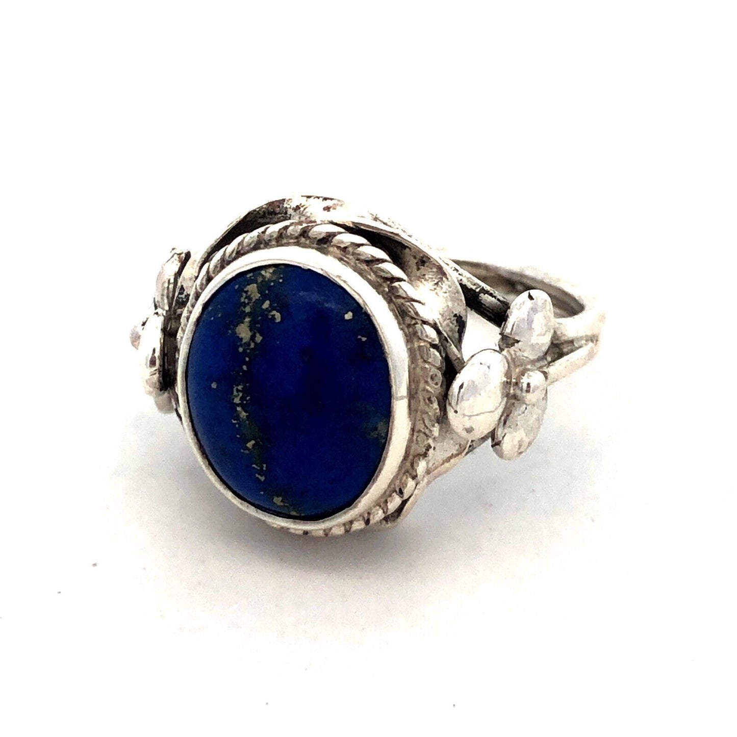 Vintage 925 Sterling Silver Oval Blue Lapis Lazuli Clover Textured Dome Ring