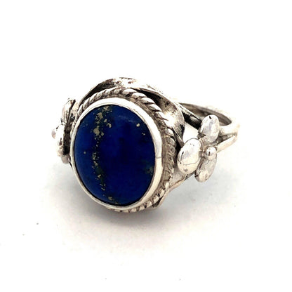 Vintage 925 Sterling Silver Oval Blue Lapis Lazuli Clover Textured Dome Ring