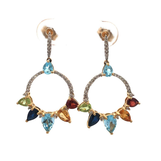 Designer 14K Yellow Gold Diamond Multi Gemstone Statement Dangle Drop Earrings