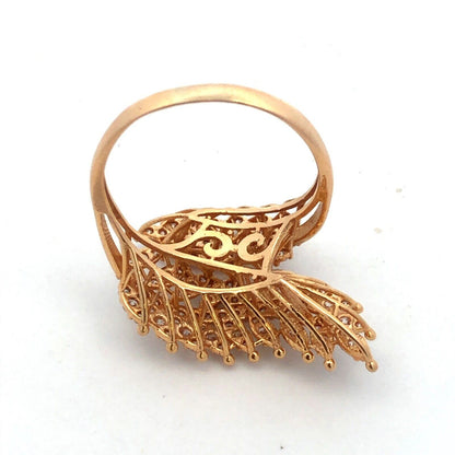 Designer 18K Yellow Gold Cubic Zirconia Leaves Feather Bypass Statement Ring
