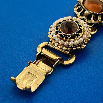 Vintage Gold Tone Seed Pearl Amber Glass Black Enamel Statement Panel Bracelet