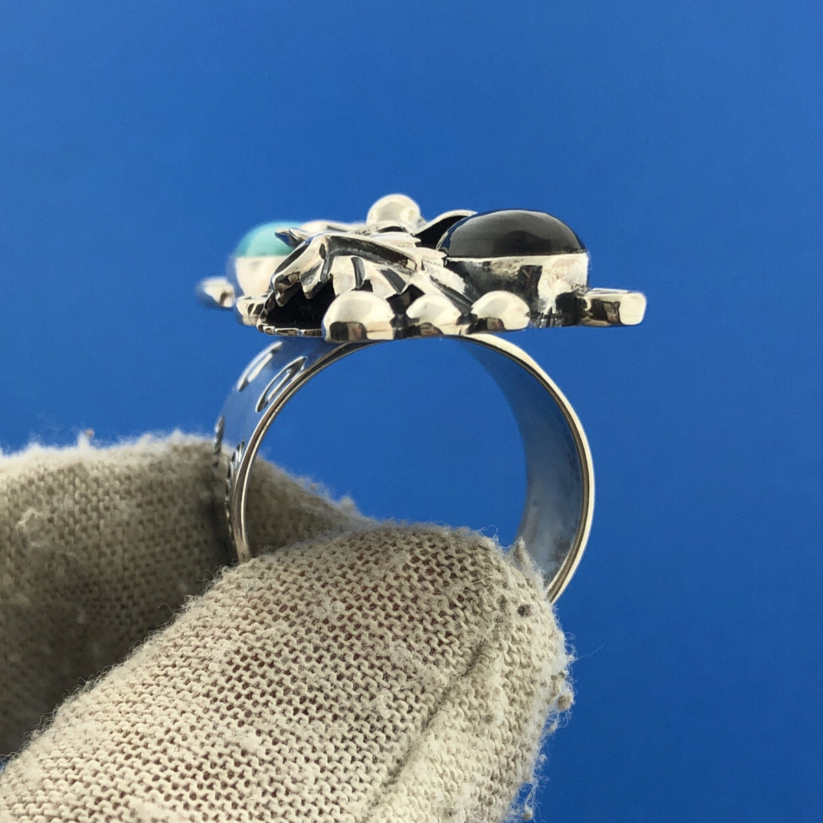 Sterling Silver 925 CII Mexico Cabochon Onyx Turquoise Finger Ring Size 9.75