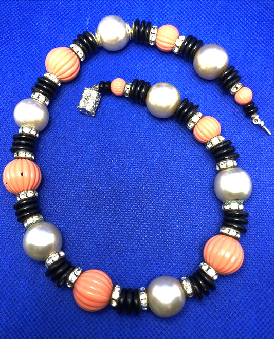1970's Faux Pearl Onyx Coral Rhinestone Beaded Statement Necklace