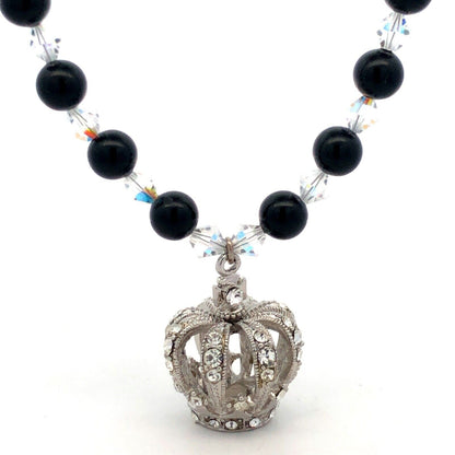 Hand Made Silver Tone Black White Beaded Crystal Rhinestone Royal Crown Necklace
