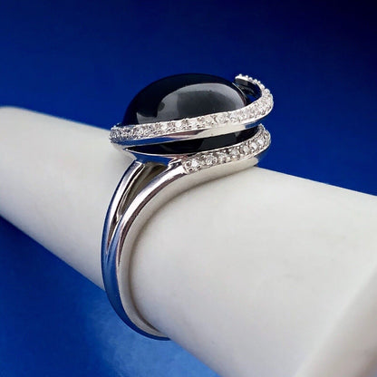 Vintage Modernist 14K White Gold Black Onyx Diamond Snake Swirl Cocktail Ring