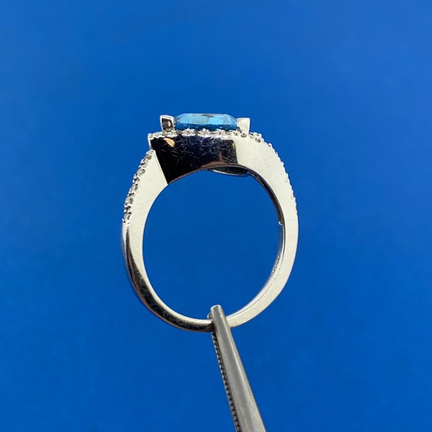 Designer 14K White Gold Trillion Cut Blue Topaz Diamond Accented Ring