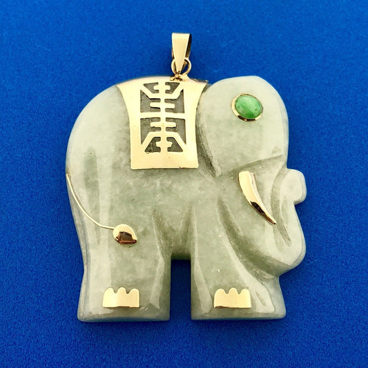 Vintage 14k Yellow Gold Jade Jadeite Chrysoprase Elephant Statement Pendant