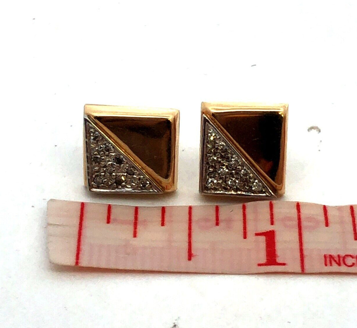 Designer JW 14K Yellow Gold Diamond Square Retro Modernist Stud Earrings